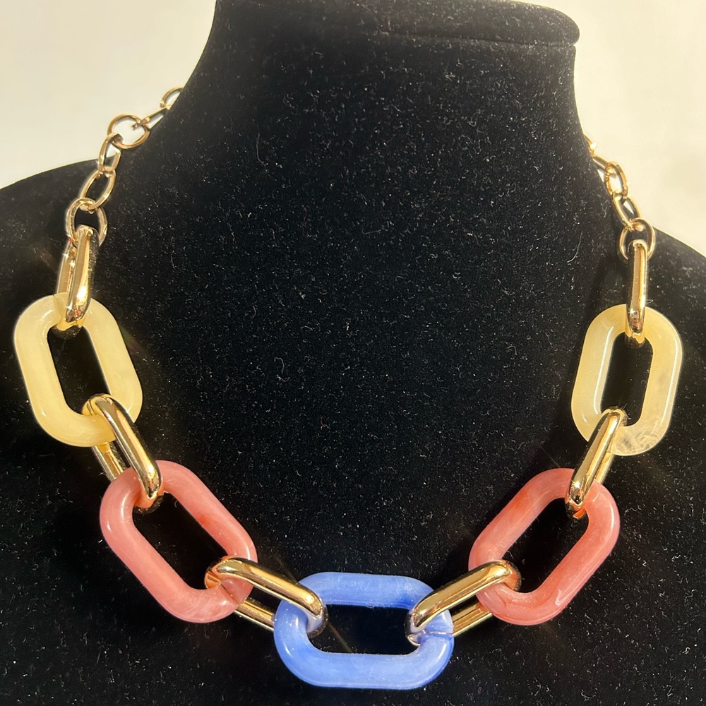 Gold Chunky Chain Link w/Pastel Acrylic Links Necklace NWT